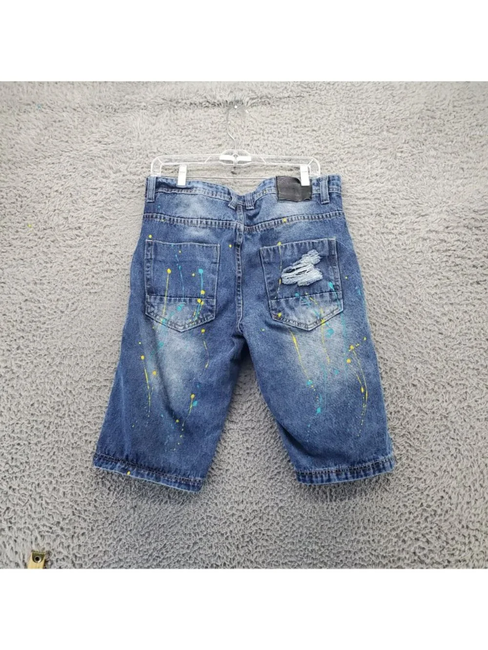 Switch Shorts Mens 32 Blue Distressed Paint-Splatter Design Durable Denim *Read*